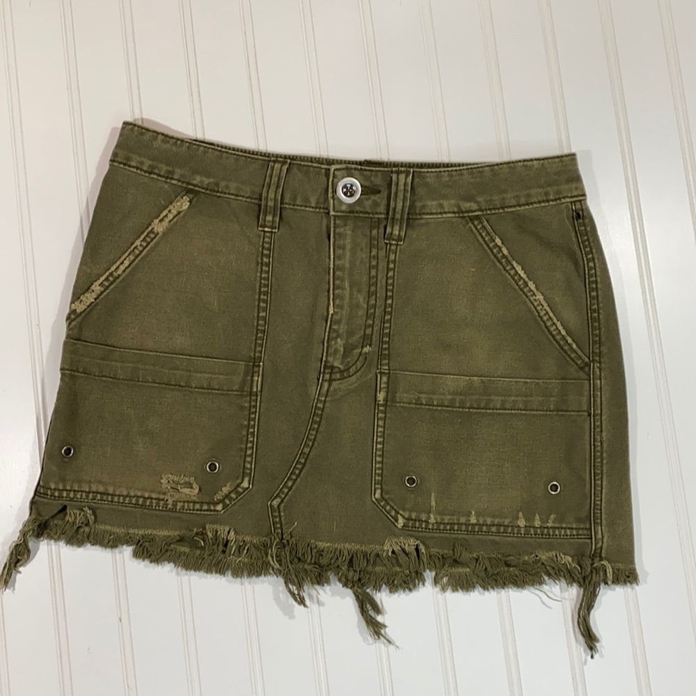 Free People Army Green Denim Skirt, Distressed, Size 26